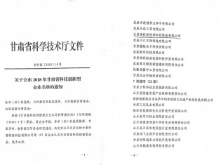 關(guān)于公布2018年甘肅省科技創(chuàng)新型企業(yè)名單的通知